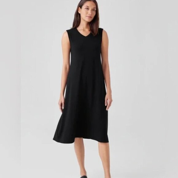 Eileen Fisher Stretch Jersey Knit V-Neck Tank Midi Dress Medium Black - Picture 2 of 11